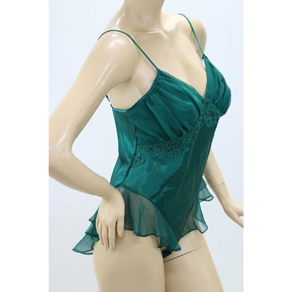 Vtg Victorias Secret Teddy Medium Hi Legs Flutter Leg Green Bling Shiny Satin - Picture 5 of 8